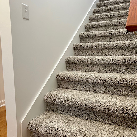 Carpeted staircase with newly installed carpet, white trim, and a stained wood handrail.