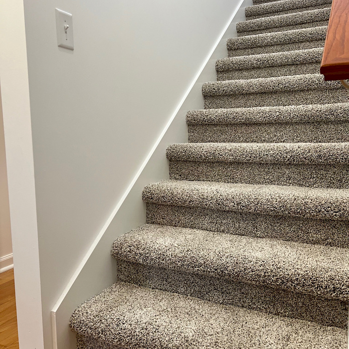 Carpeted staircase with newly installed carpet, white trim, and a stained wood handrail.